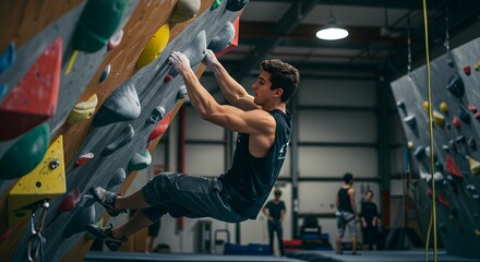 An athletic young man grips onto climbing holds, muscles flexed as he navigates a challenging indoor rock climbing wall exercise.