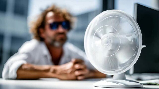 Curly-haired man in white shirt leans on a table behind a spinning desk fan, looking tired or contemplative in bright sunlit room, concept of heat relief and summer discomfort
