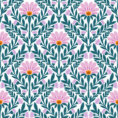 Abstract pink flowers seamless pattern. Stylized hand drawn pink echinacea flowers and green leaves on white background. Repeat ornamental floral allover backdrop
