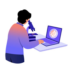 A flat style illustration showing a lab student researching on screen