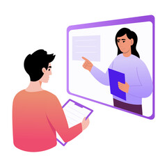 A flat style illustration showing a student taking online lecture