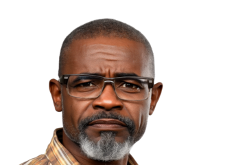 African man with grey beard portrait against black, cut out transparent
