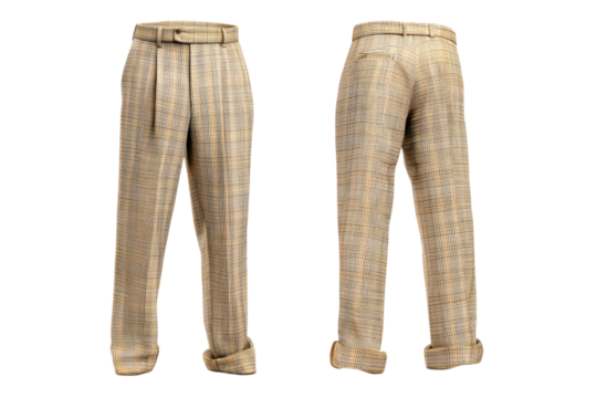 PNG Stylish beige plaid trousers with belt for men