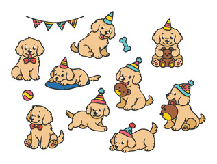 Set of Golden Retrievers with a party theme in various poses with hand-drawn vector illustrations. Doodle flat art style, isolated and easy to use for creative projects and designs.