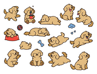 Set of Golden Retrievers in various poses with hand-drawn vector illustrations. Doodle flat art style, isolated and easy to use for creative projects and designs.