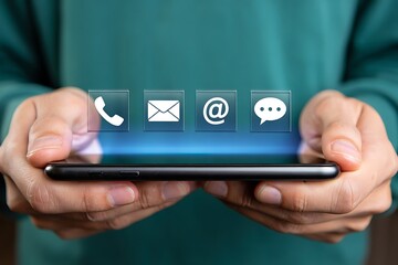 Person holding smartphone with communication icons representing contact methods for customer service and support in the digital age