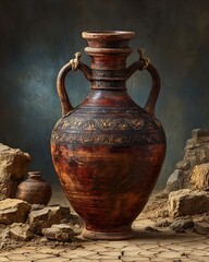 Ancient clay water jug desert setting high resolution picture