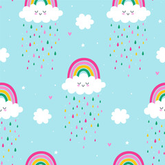 Seamless pattern with cute clouds, rainbows and rain. Vector graphics.