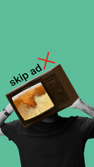Contemporary art collage. Man with screen head instead of head shows frustration while beer swirls on screen and SKIP AD appears above against mint background. Concept of beer marketing, party