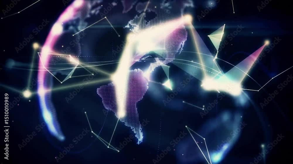 Poster cluster of polygons drifting glitching then flash sparking morphing into rotating 3d globe network