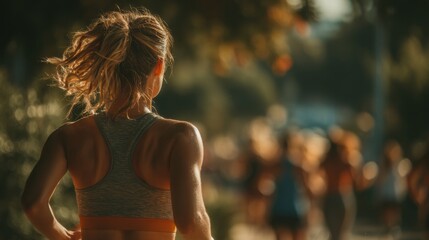 Woman running in a park fitness activity outdoor setting vibrant atmosphere dynamic perspective for health enthusiasts
