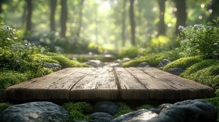 Rustic wooden platform amidst a tranquil forest scene with lush mossy landscape and soft sunlight bokeh