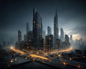 Naklejka premium Cityscape with illuminated A futuristic city skyline illuminated by glowing connections and technology.
