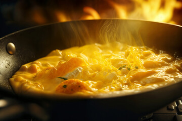 Cooking scrambled eggs with orange in a skillet. Breakfast meal preparation, kitchen, hot food, frying, fresh ingredients, healthy eating, delicious.