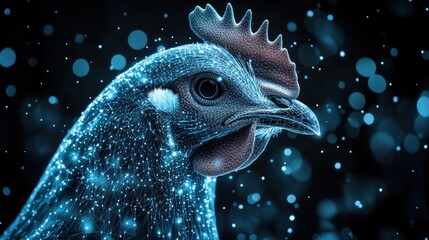 Obraz premium Futuristic profile of chicken in blue digital tech network pattern against a black bokeh backdrop