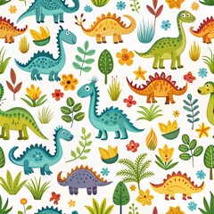 Cute dinosaur pattern with flowers and plants