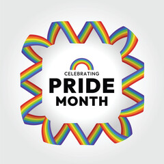 Celebrating pride month text in frame with ribbon pride rainbow roll waving around vector design
