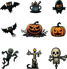 Obraz premium A creepy Halloween-themed vector design with funny and spooky elements as bat, mortar, monster, bat, pumpkin, ghost, candle, skeleton