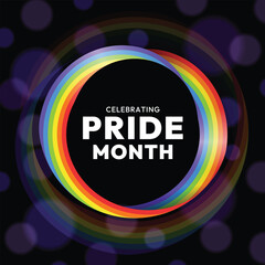 Celebrating pride month text in abstract circle frame pride rainbow flag on dark background with bokeh ligh vector design