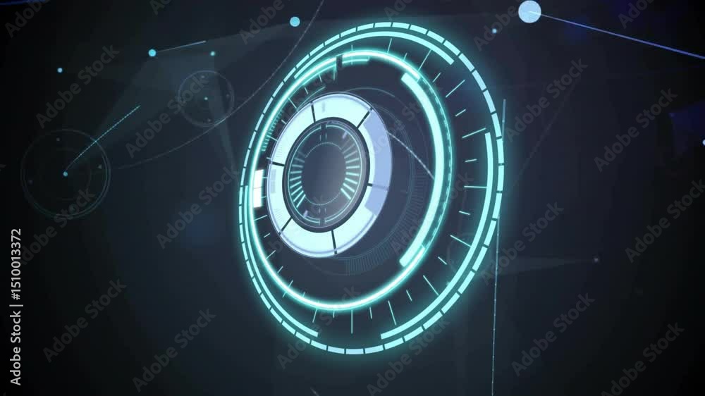 Poster flare rising and initiating arcs while glowing ring rotating and network nodes connecting for hud