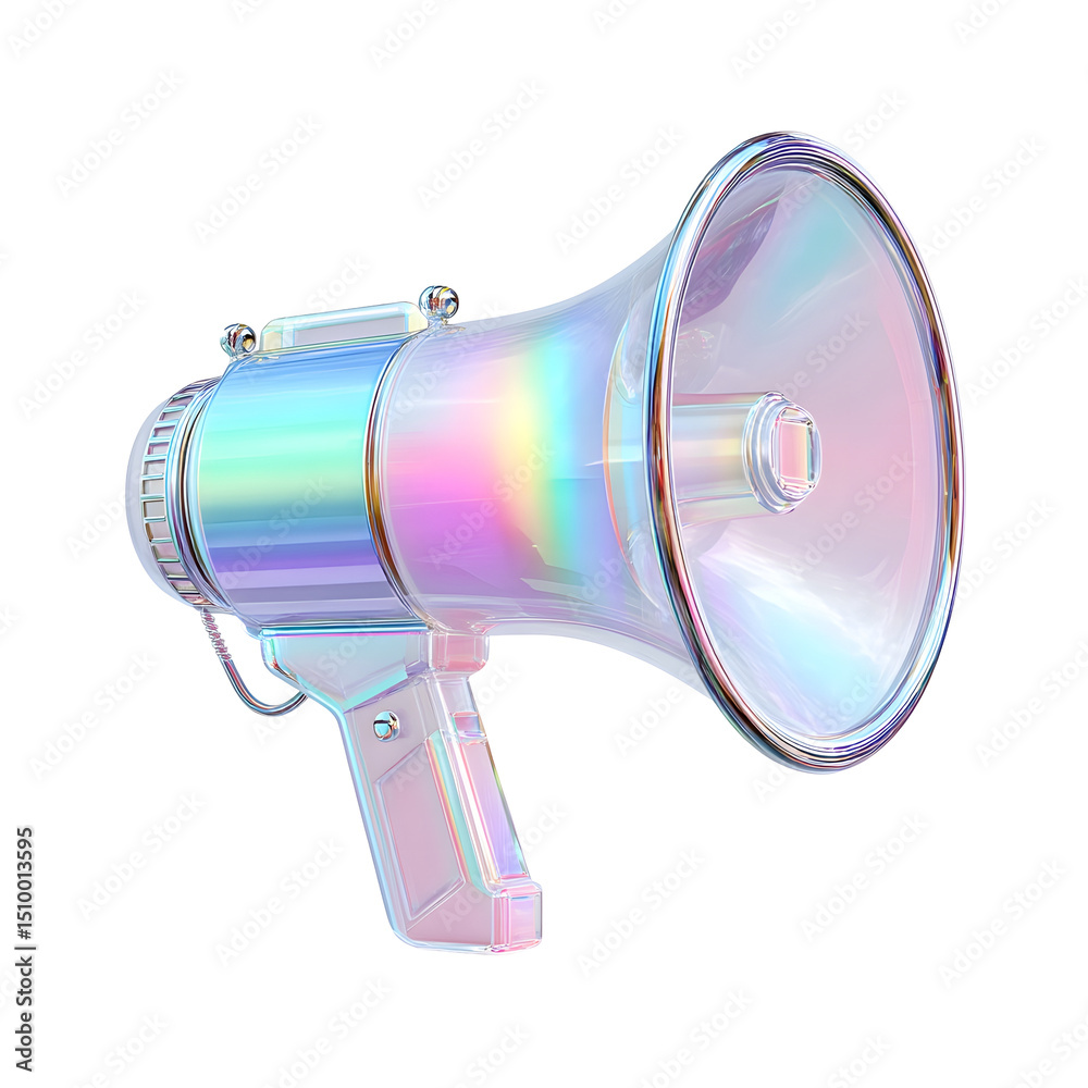 Poster vibrant and futuristic 3d rendering of an iridescent holographic megaphone icon representing marketi