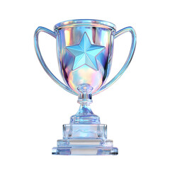 Sleek and shimmering iridescent 3D trophy cup icon with a brilliant blue star design rendered with a glossy reflective finish on a transparent background