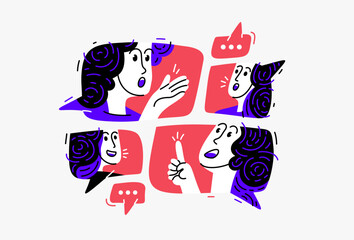 Group of young people having a video conference online, vector illustration of online conversation and brainstorming, business and work or webinar.