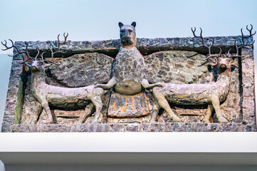 Frieze of Imdugud (Anzu) grasping a pair of deer, from Tell Al-Ubaid