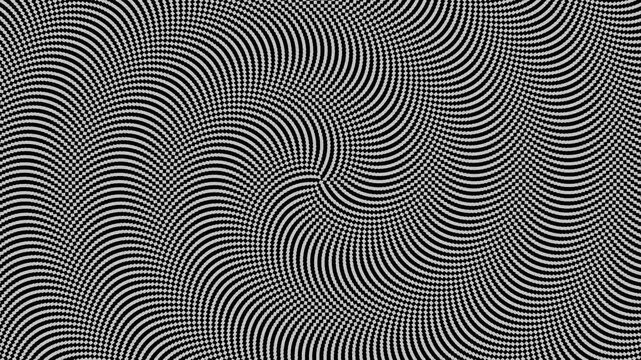 Optical illusion of black and white elements moving in spiral motion. When stared long enough, causes distortion effect. Seamless repeating animation
