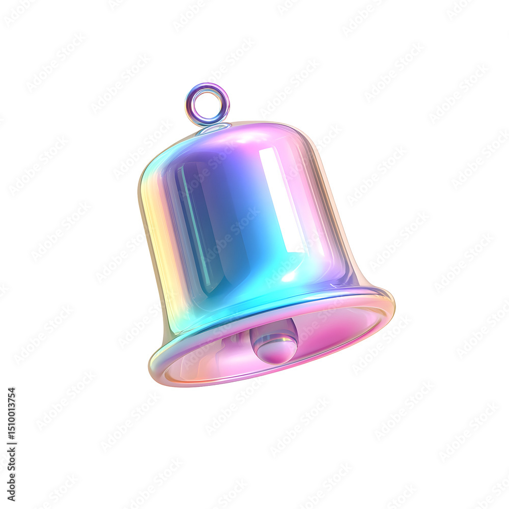 Aufkleber Iridescent 3D metallic notification bell icon with soft lighting and transparent background representing an alert reminder or message in a digital UI design