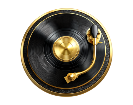 A vinyl record player with black and gold coloring, top view, on a transparent background