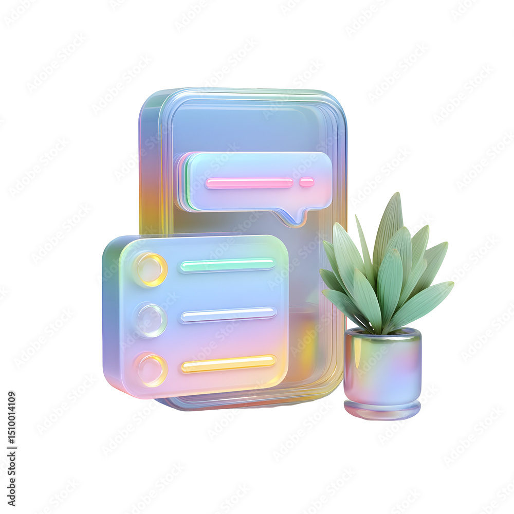 Aufkleber Vibrant and transparent 3D rendering of a mobile checklist app icon showcasing a task list chat bubble and a plant representing productivity and task management tools