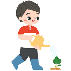 Cute asian boy watering red radish in farmland in a summer