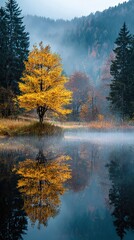 Autumn Trees Reflected in Still Foggy Lake. High quality