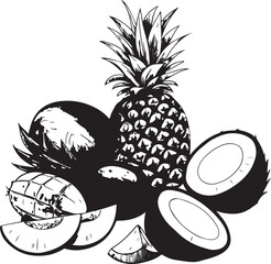 Seamless floral pattern with vintage black vector illustration of fresh pineapple, banana, and butterfly