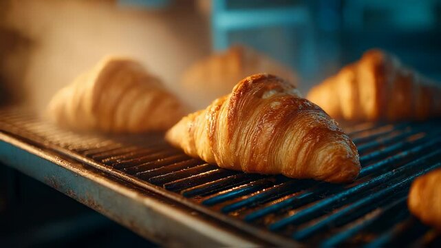 Tempting view of freshly baked golden croissants, glistening on the bakery rack, inviting aroma wafting in the air