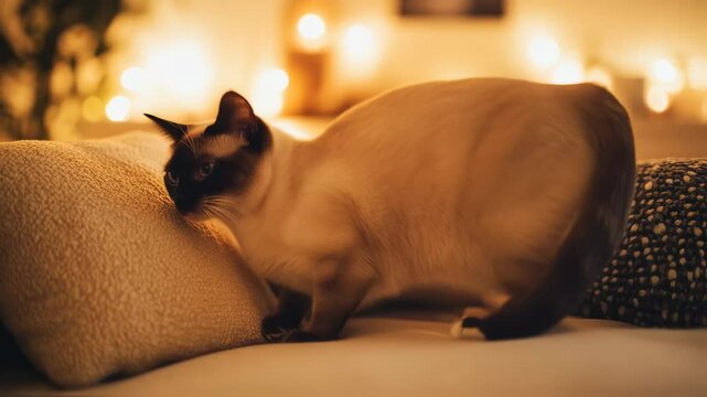 A siamese cat lounges gracefully on a comfy sofa, basking in the ambient glow of fairy lights, exuding peaceful home charm