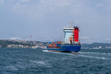 Container ship navigates Bosphorus Strait with city skyline in the background under clear skies
