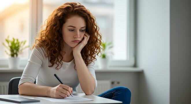 Student sits at a desk while working on her writing assignments with a look of intense concentration or perhaps academic fatigue during the sunny afternoon.