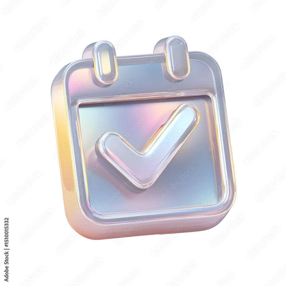 Poster Sleek metallic calendar icon with a prominent check mark representing a digital interface for schedule management task planning or reminders
