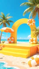 Vibrant Summer Beach Scene Yellow Archway, Palm Trees, and Inflatable Rings on Sandy Shore