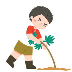 Cute asian boy is pulling up cassava in farmland in harvestmoon