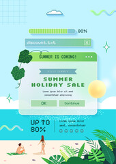 Cute retro summer sale pop up window with beach scene illustration