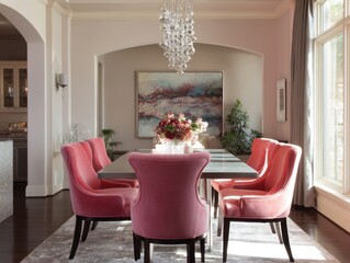 Pink dining chairs arranged around a light gray table in a light-toned dining room.