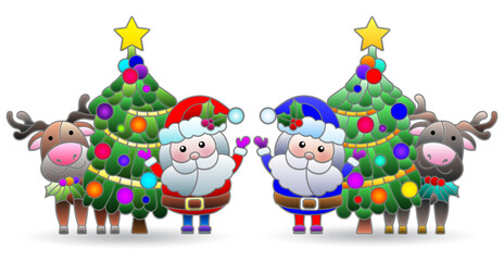 A stained glass illustration with Santa, a Christmas tree and a deer on a starry sky background