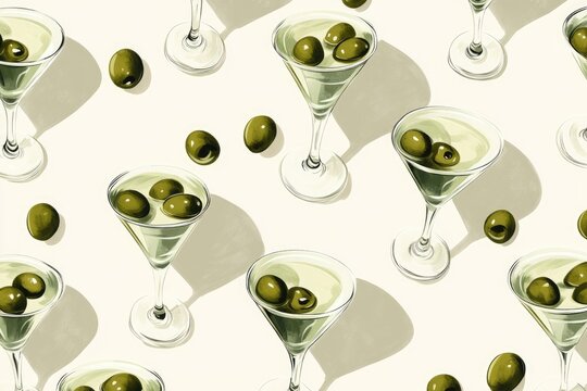 Repeating pattern of martini glasses filled with olives and a pale green liquid, cast with shadows on a light background