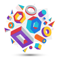 Colorful 3D shapes vector composition isolated on white background, bright positive dimensional design elements, boxes and cylinders and other shapes simple stylish illustration.