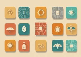 Summer app icons sun umbrella leaf