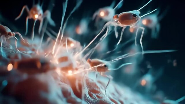 Swarm of insect-like nanobots repairing damaged organic cell structure