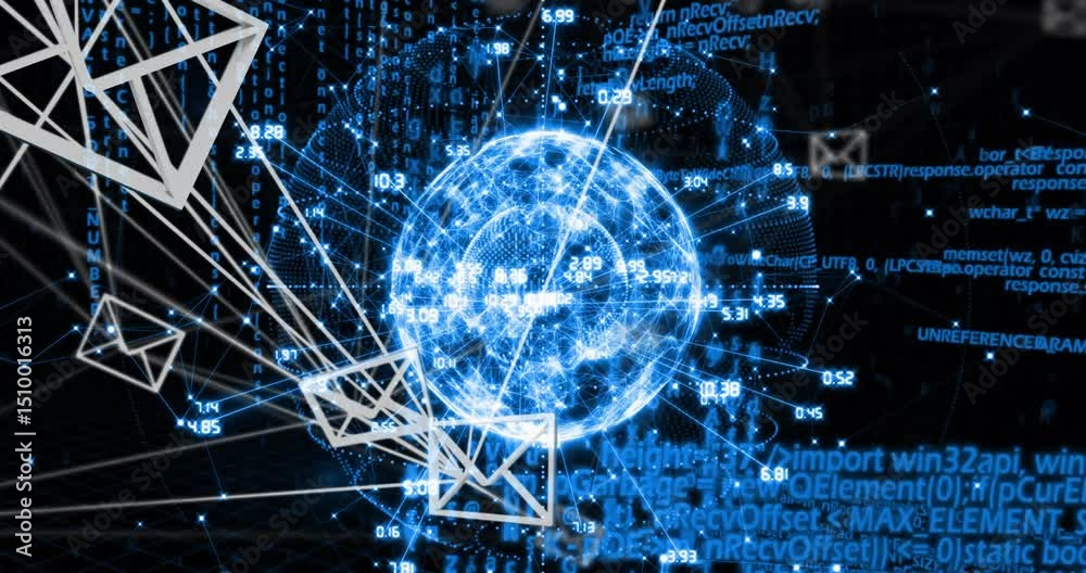 Poster on startup glowing 3d mesh sphere rotating and revealing data overlays to visualize network flow
